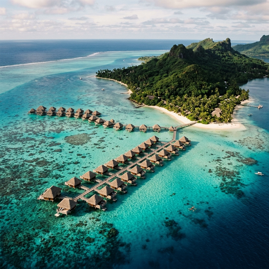 Aerial view of tropical luxury island lagoon